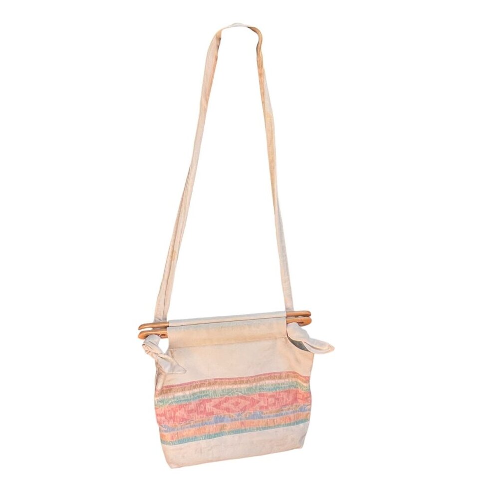 Vintage 90s Cream Multicolor Print Canvas Shoulder Bag
